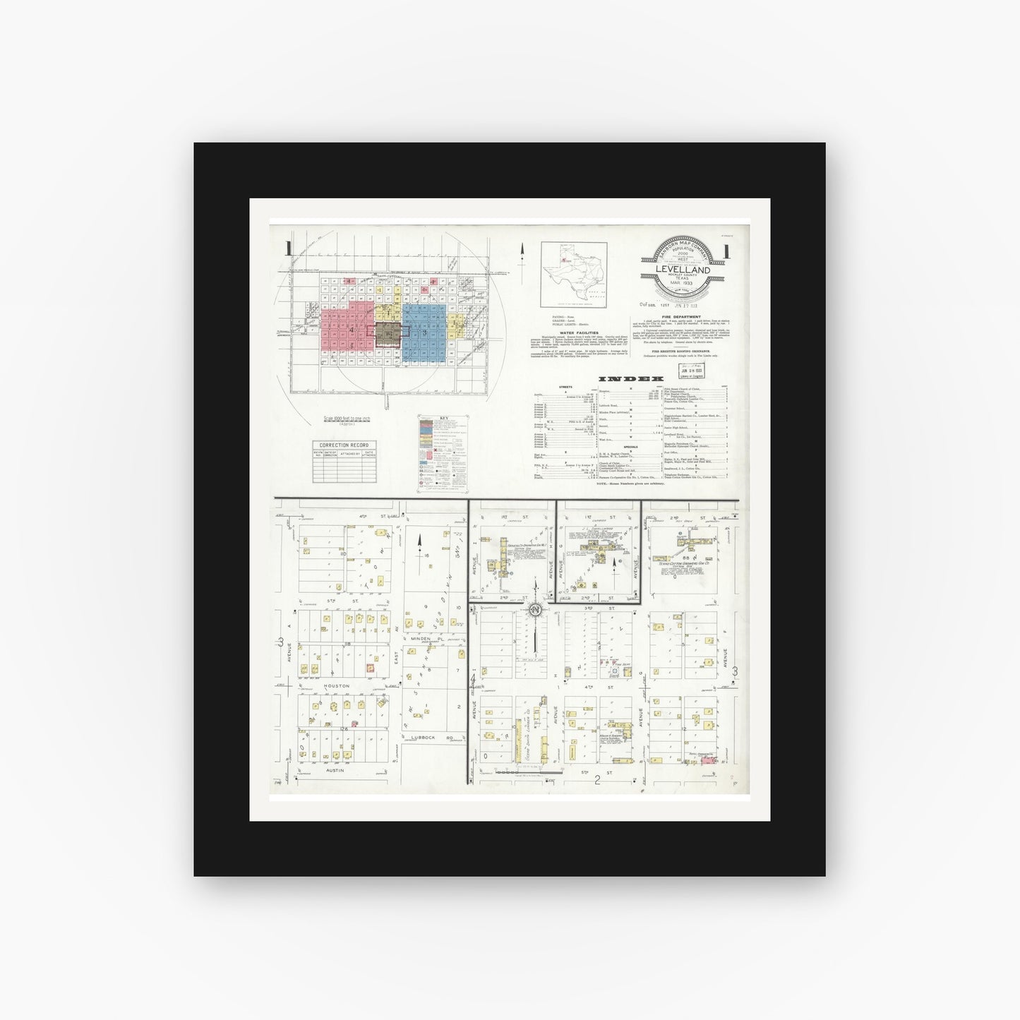 Old map wall art mockup — black gallery frame with white mat — Sanborn Fire Insurance Map from Levelland, Hockley County, Texas (1933), Sheet #0001