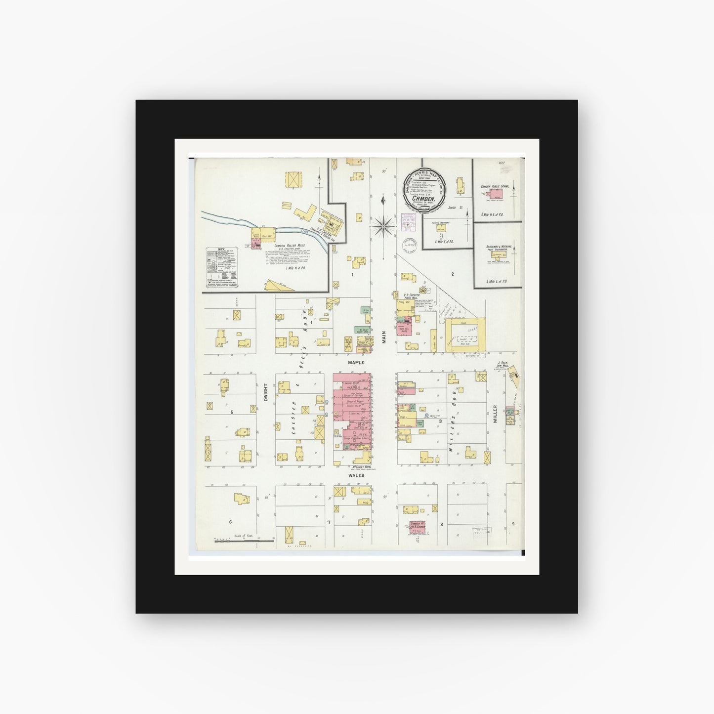 Old map wall art mockup — black gallery frame with white mat — Sanborn Fire Insurance Map from Camden, Hillsdale County, Michigan (1901), Sheet #0001