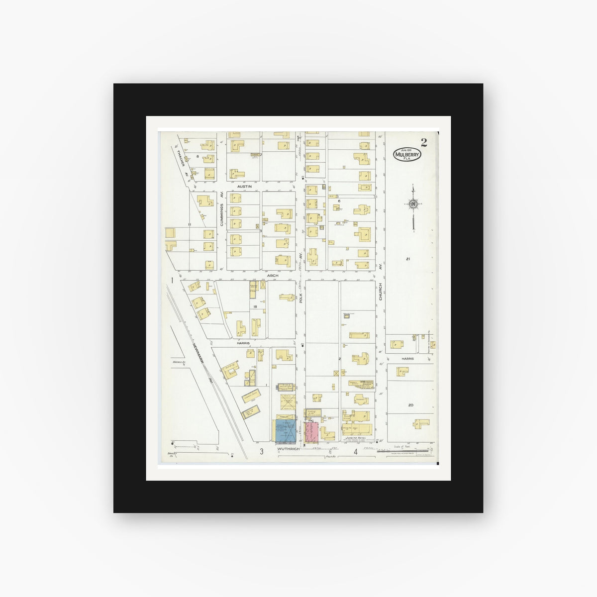 Old map wall art mockup — black gallery frame with white mat — Sanborn Fire Insurance Map from Mulberry, Polk County, Florida (1919), Sheet #0002