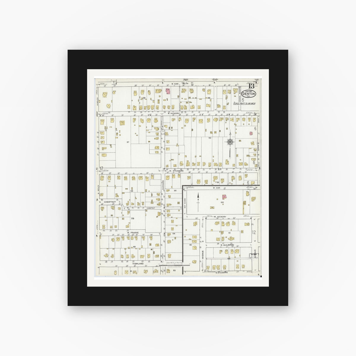 Old map wall art mockup — black gallery frame with white mat — Sanborn Fire Insurance Map from Denton, Denton County, Texas (1921), Sheet #0013