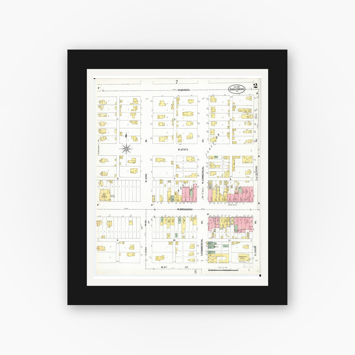 Old map wall art mockup — black gallery frame with white mat — Sanborn Fire Insurance Map from Eagle Grove, Wright County, Iowa (1900), Sheet #0002