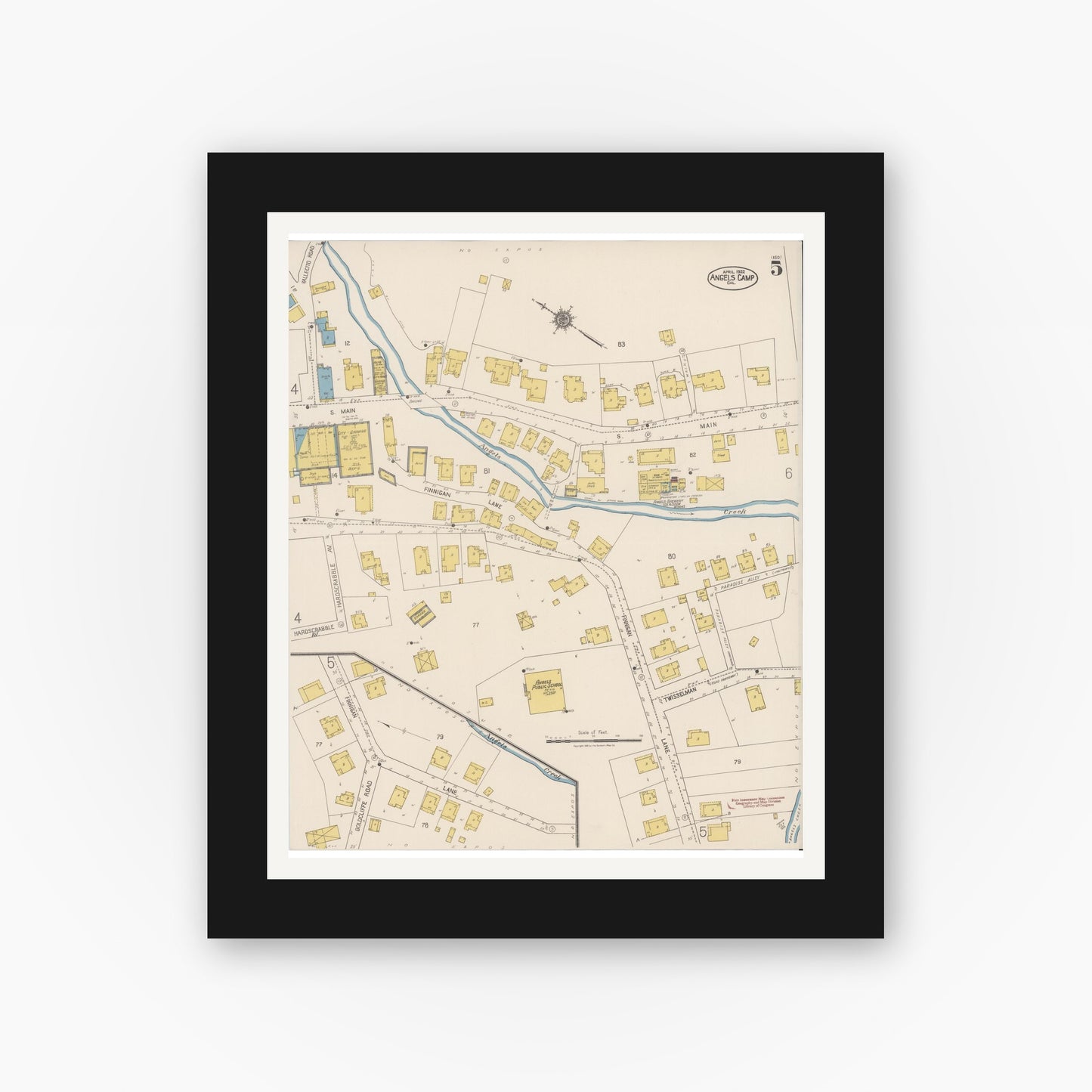 Old map wall art mockup — black gallery frame with white mat — Sanborn Fire Insurance Map from Angels Camp, Calaveras County, California (1922), Sheet #0005