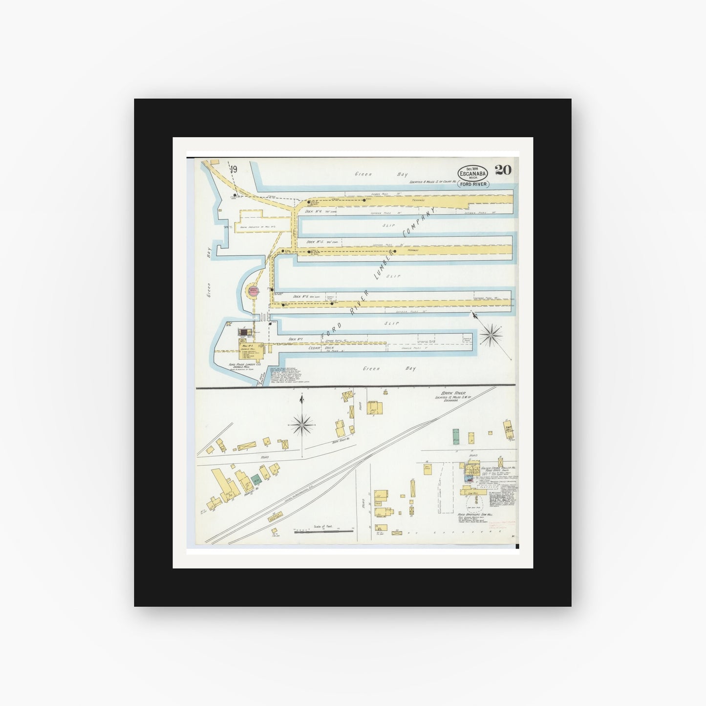 Old map wall art mockup — black gallery frame with white mat — Sanborn Fire Insurance Map from Escanaba, Delta County, Michigan (1899), Sheet #0020