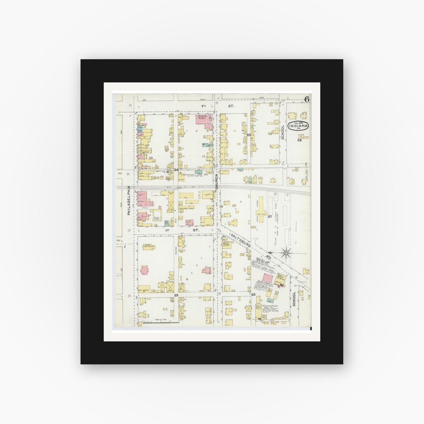 Old map wall art mockup — black gallery frame with white mat — Sanborn Fire Insurance Map from Indiana, Indiana County, Pennsylvania (1892), Sheet #0006
