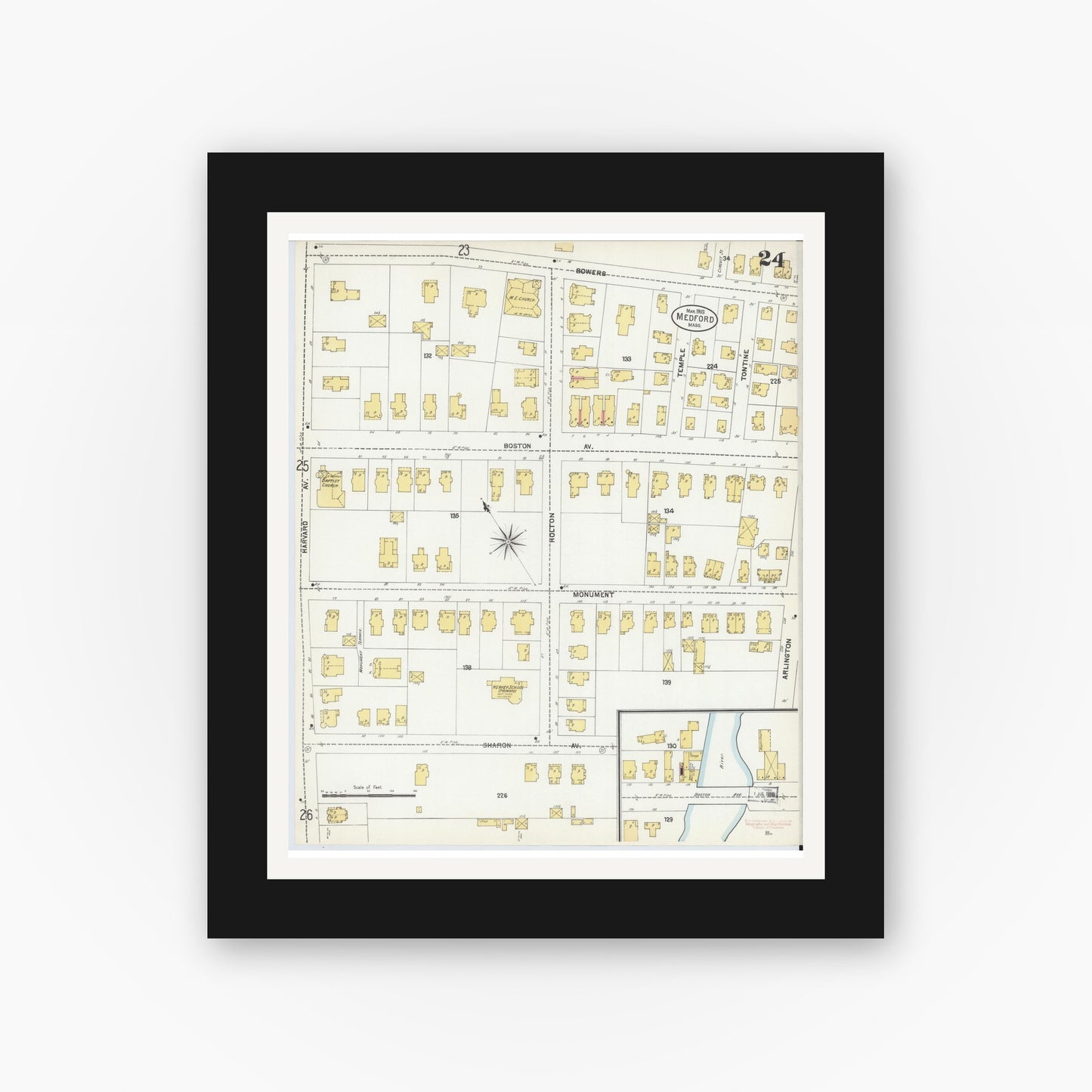 Old map wall art mockup — black gallery frame with white mat — Sanborn Fire Insurance Map from Medford, Middlesex County, Massachusetts (1903), Sheet #0024