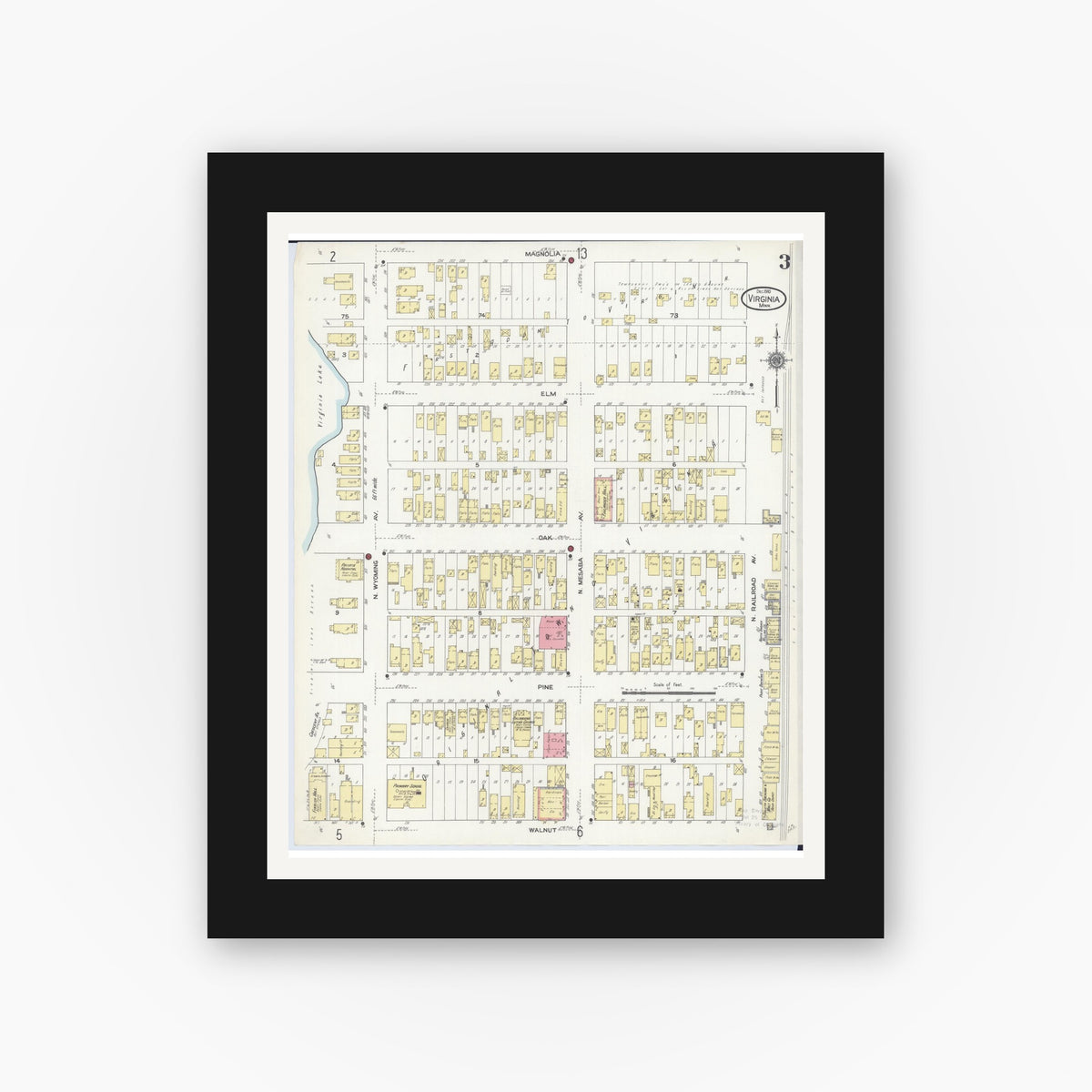 Old map wall art mockup — black gallery frame with white mat — Sanborn Fire Insurance Map from Virginia, Saint Louis County, Minnesota (1910), Sheet #0003