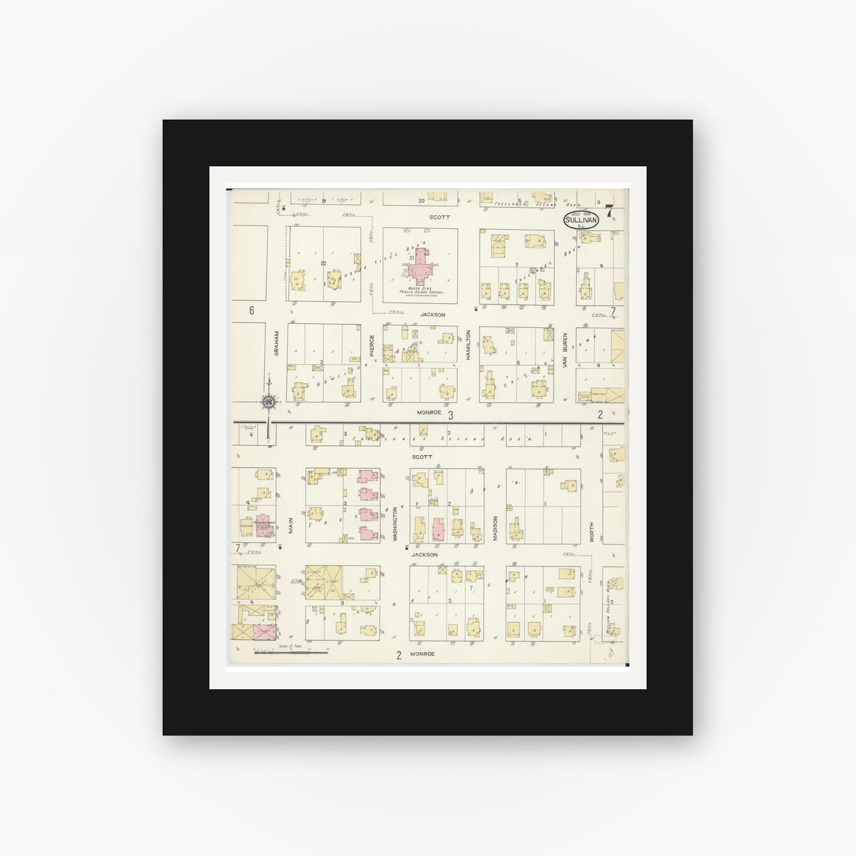 Old map wall art mockup β black gallery frame with white mat β Sanborn Fire Insurance Map from Sullivan, Moultrie County, Illinois (1914), Sheet #0007