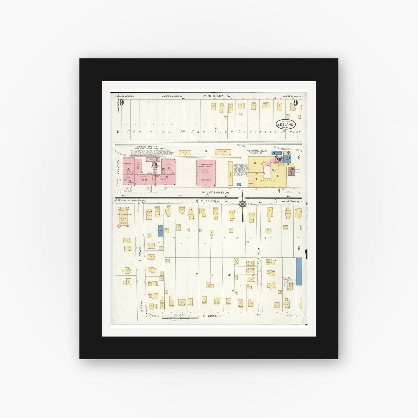 Old map wall art mockup — black gallery frame with white mat — Sanborn Fire Insurance Map from Zeeland, Ottawa County, Michigan (1923), Sheet #0009