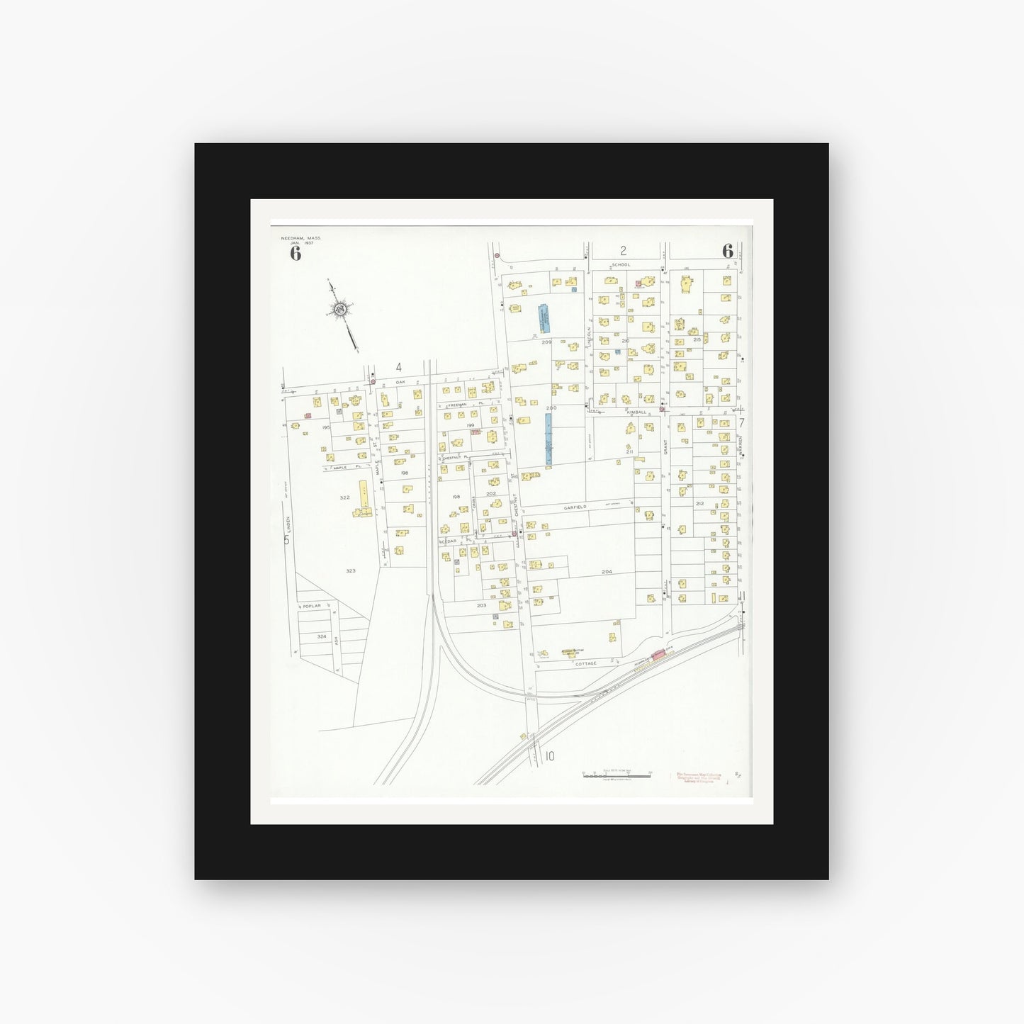 Old map wall art mockup — black gallery frame with white mat — Sanborn Fire Insurance Map from Needham, Norfolk County, Massachusetts (1937), Sheet #0006