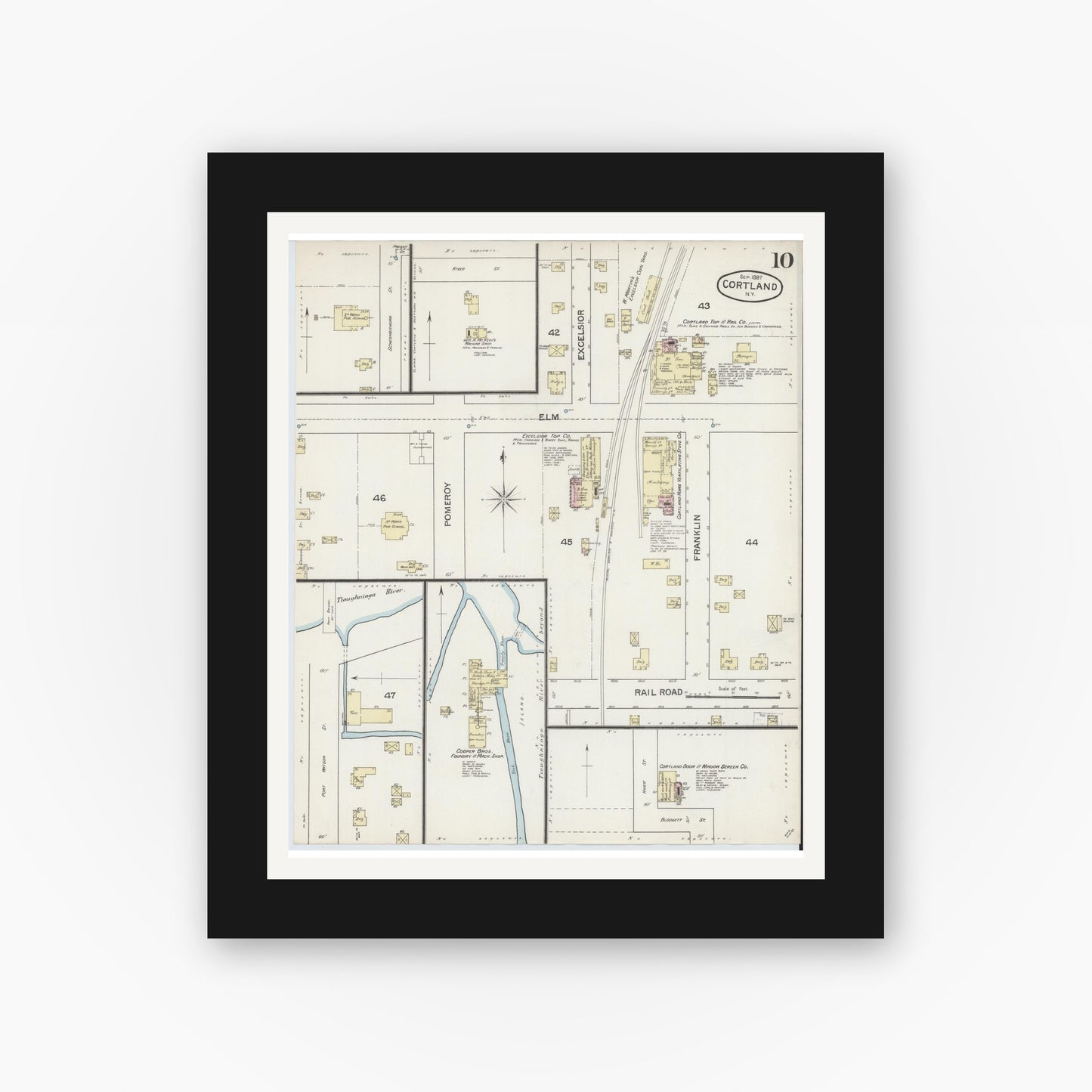 Old map wall art mockup — black gallery frame with white mat — Sanborn Fire Insurance Map from Cortland, Cortland County, New York (1887), Sheet #0010