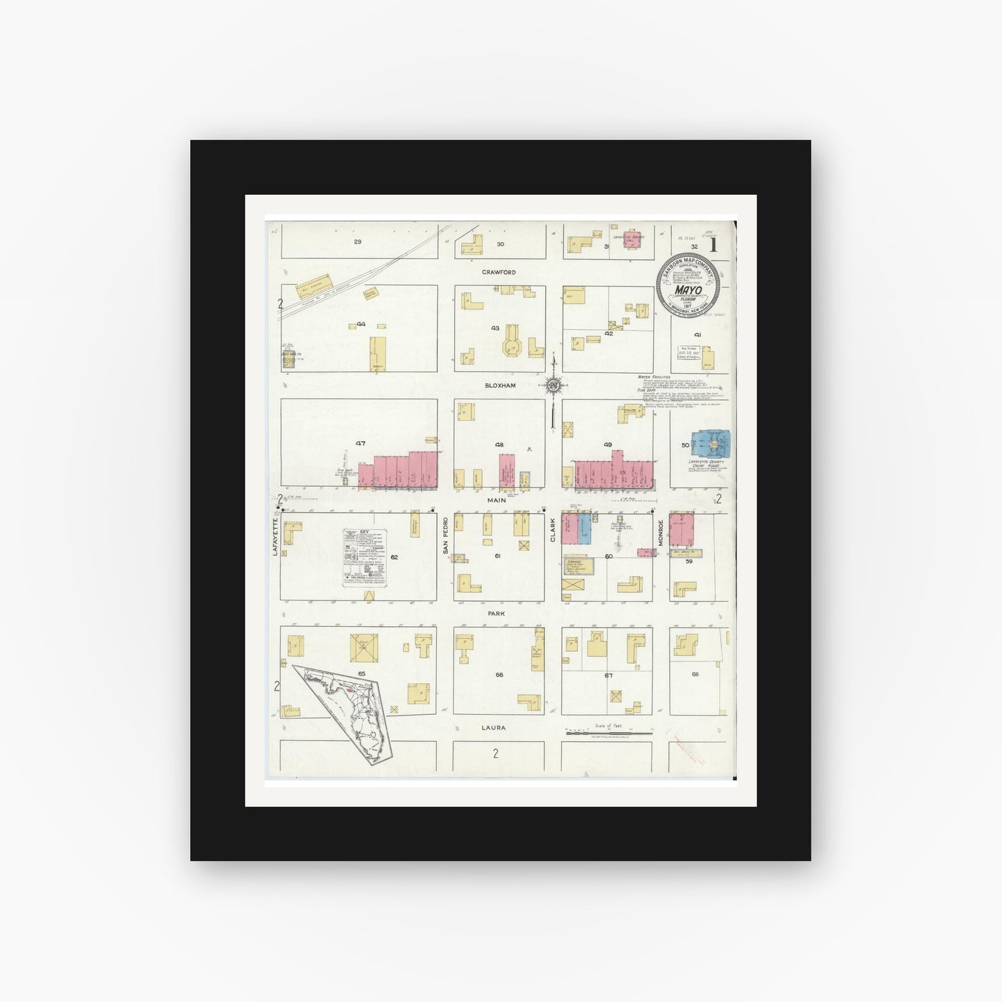 Old map wall art mockup — black gallery frame with white mat — Sanborn Fire Insurance Map from Mayo, Lafayette County, Florida (1917), Sheet #0001