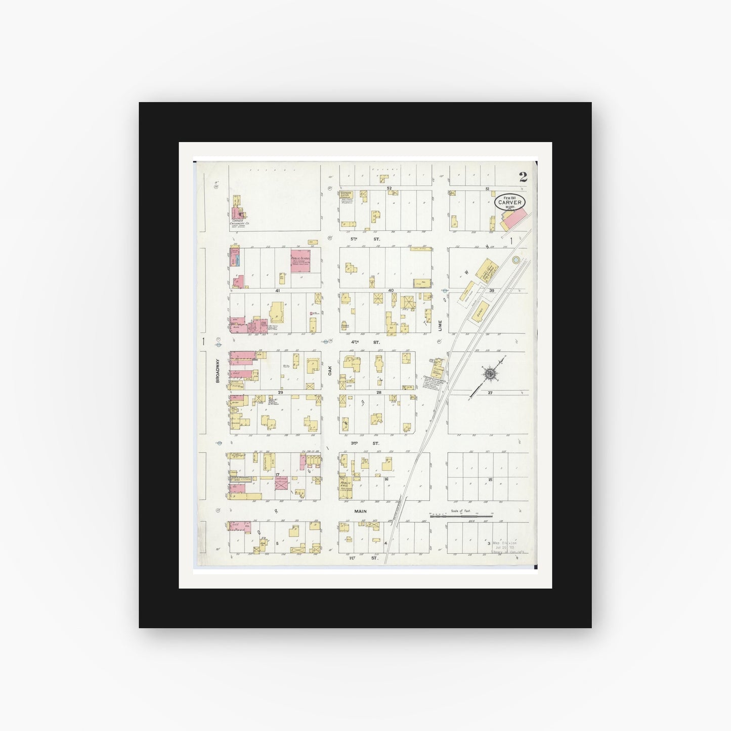 Old map wall art mockup — black gallery frame with white mat — Sanborn Fire Insurance Map from Carver, Carver County, Minnesota (1911), Sheet #0002