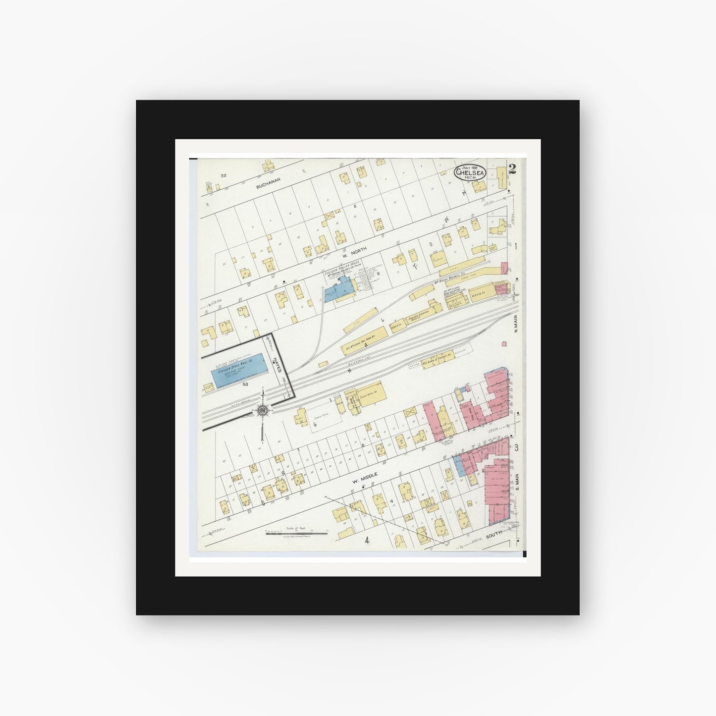 Old map wall art mockup — black gallery frame with white mat — Sanborn Fire Insurance Map from Chelsea, Washtenaw County, Michigan (1918), Sheet #0002
