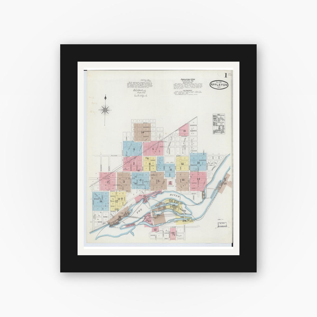 Old map wall art mockup — black gallery frame with white mat — Sanborn Fire Insurance Map from Appleton, Outagamie County, Wisconsin (1891) - Complete Map Set