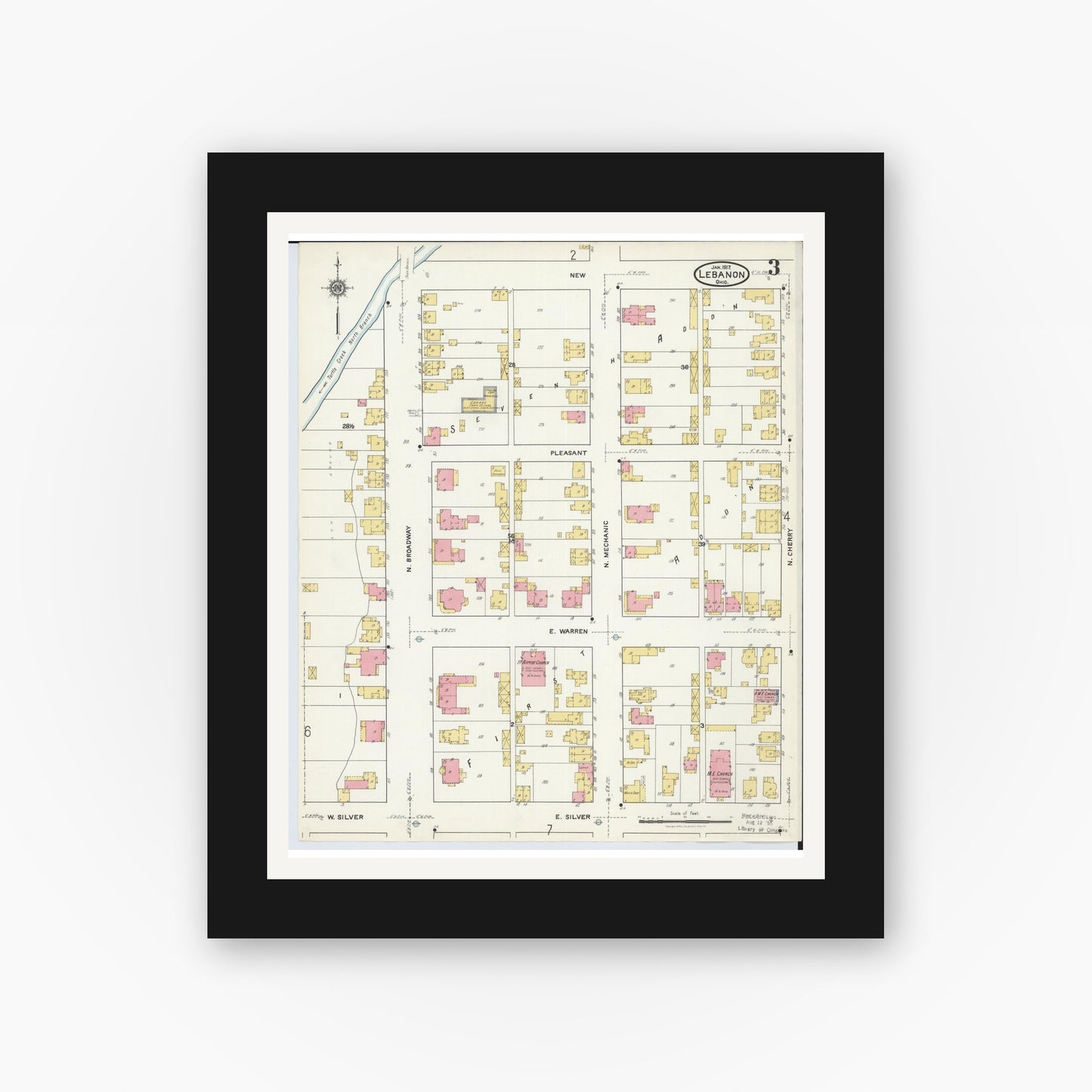 Old map wall art mockup — black gallery frame with white mat — Sanborn Fire Insurance Map from Lebanon, Warren County, Ohio (1917), Sheet #0003