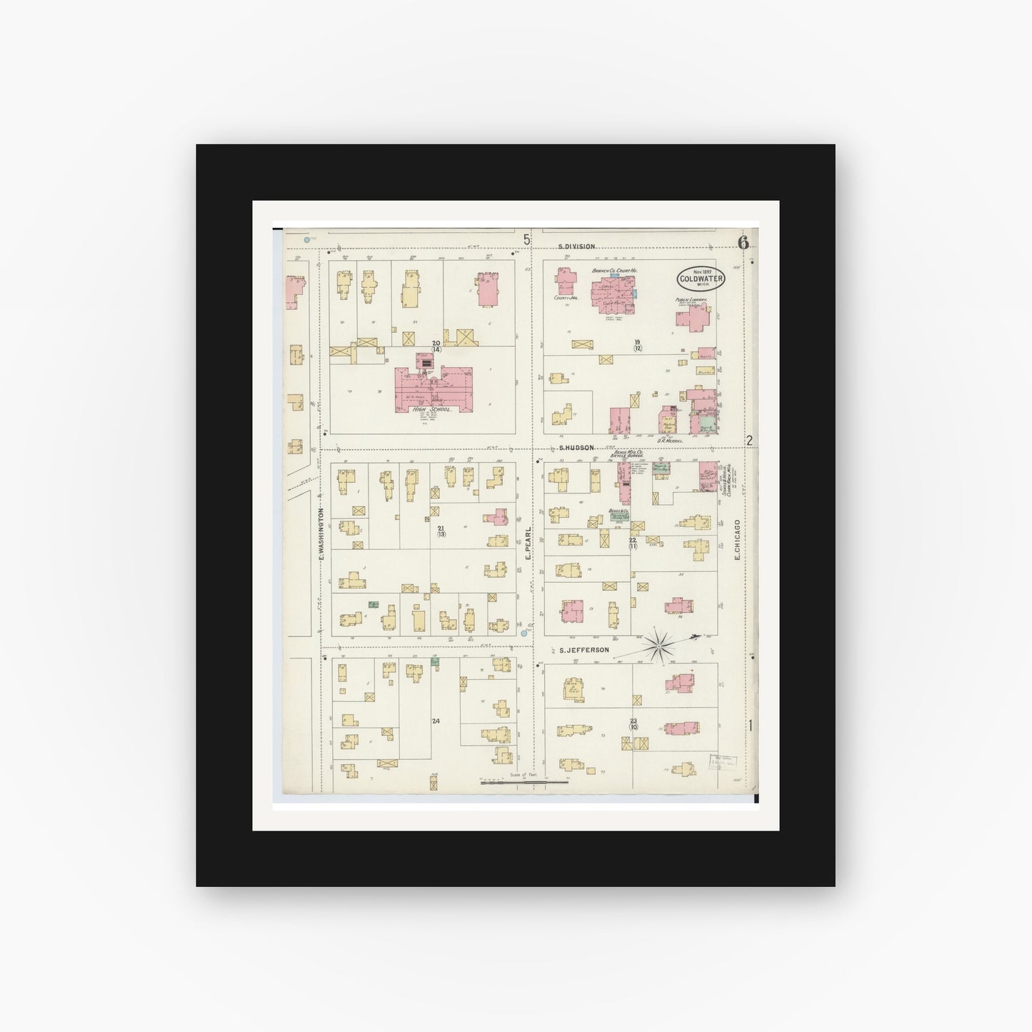 Old map wall art mockup — black gallery frame with white mat — Sanborn Fire Insurance Map from Coldwater, Branch County, Michigan (1897), Sheet #0006
