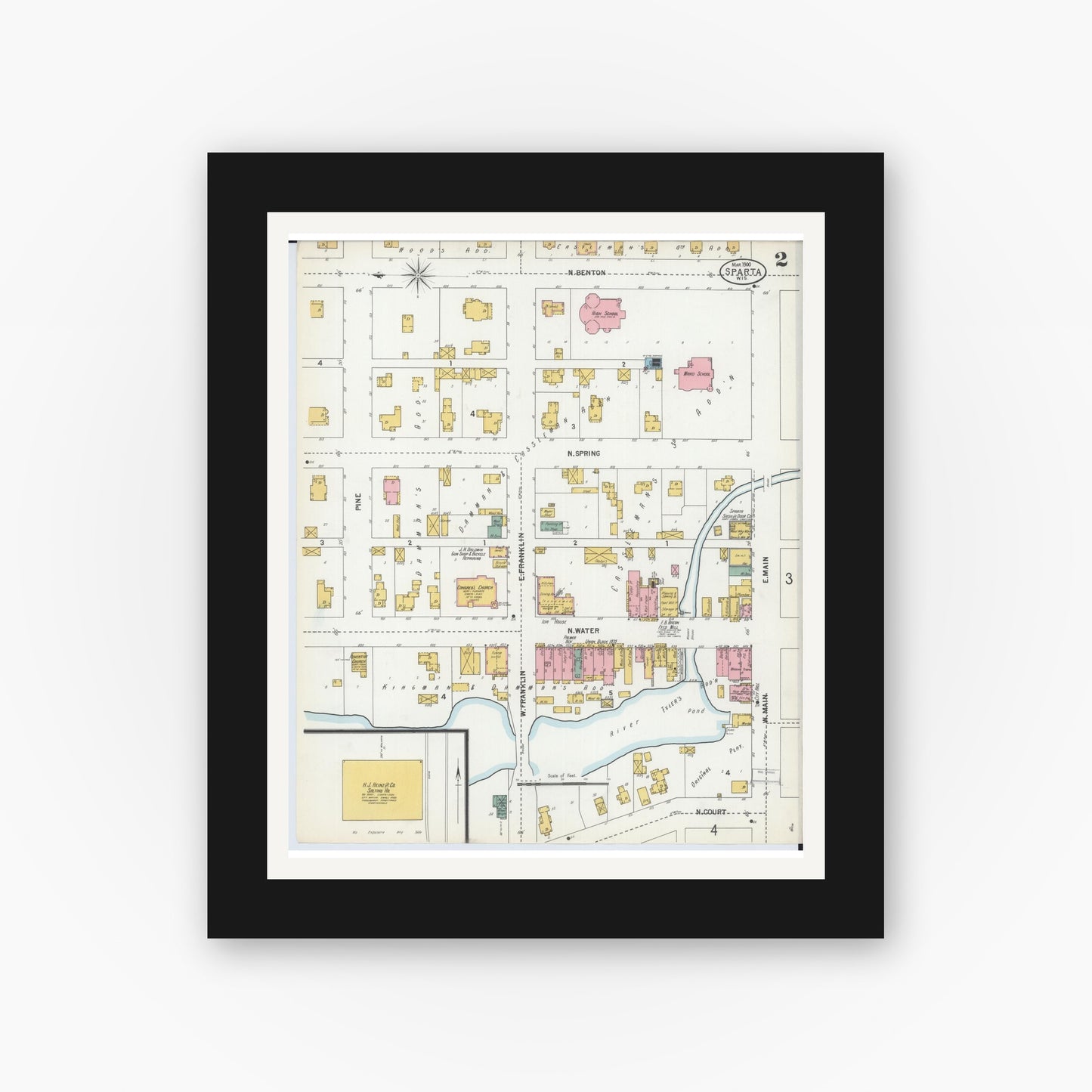 Old map wall art mockup — black gallery frame with white mat — Sanborn Fire Insurance Map from Sparta, Monroe County, Wisconsin (1900), Sheet #0002