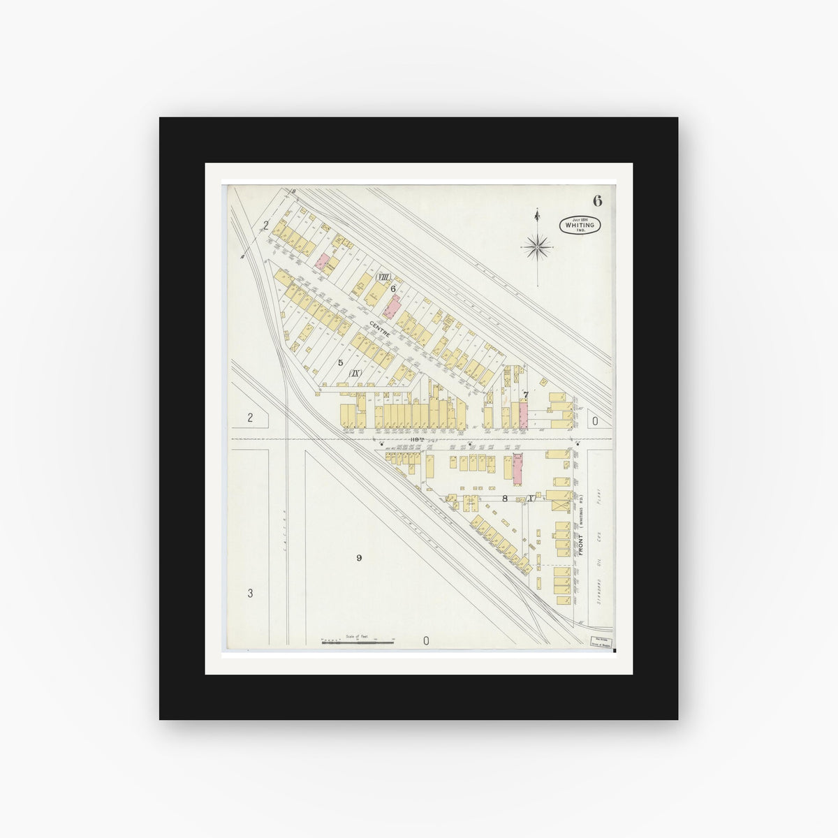 Old map wall art mockup — black gallery frame with white mat — Sanborn Fire Insurance Map from Whiting, Lake County, Indiana (1896), Sheet #0006