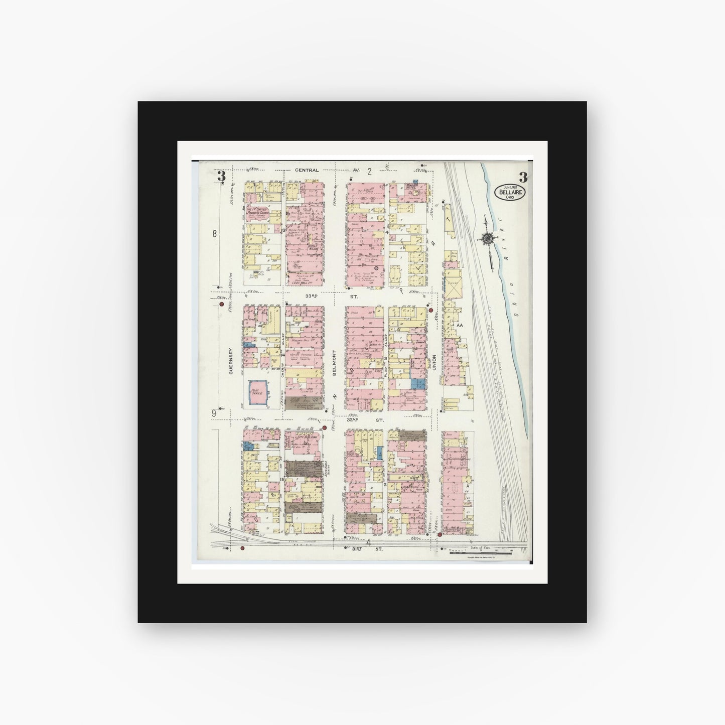 Old map wall art mockup — black gallery frame with white mat — Sanborn Fire Insurance Map from Bellaire, Belmont County, Ohio (1924), Sheet #0003
