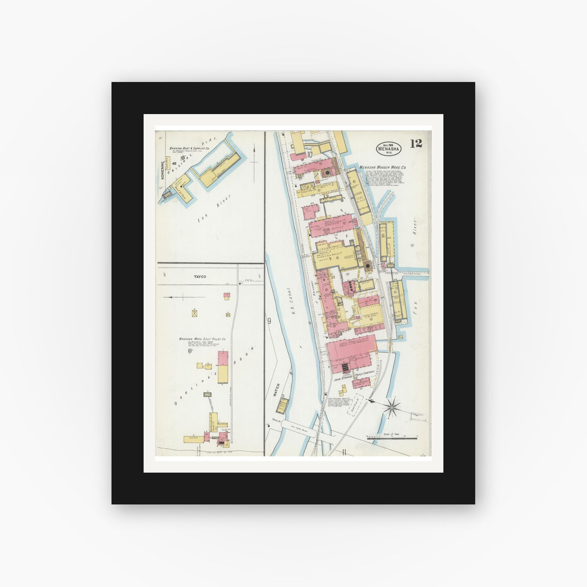 Old map wall art mockup — black gallery frame with white mat — Sanborn Fire Insurance Map from Menasha, Winnebago County, Wisconsin (1906), Sheet #0012