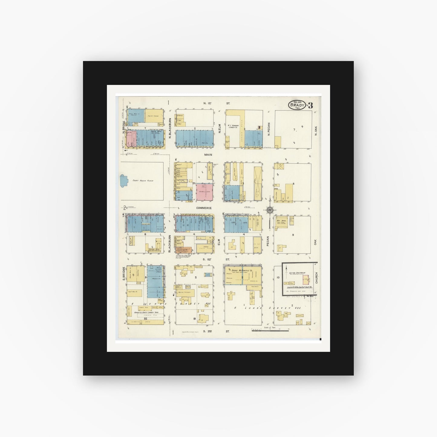 Old map wall art mockup — black gallery frame with white mat — Sanborn Fire Insurance Map from Brady, McCulloch County, Texas (1916), Sheet #0003
