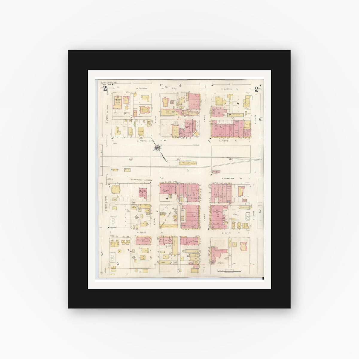 Old map wall art mockup — black gallery frame with white mat — Sanborn Fire Insurance Map from Gladewater, Gregg County, Texas (1938), Sheet #0002
