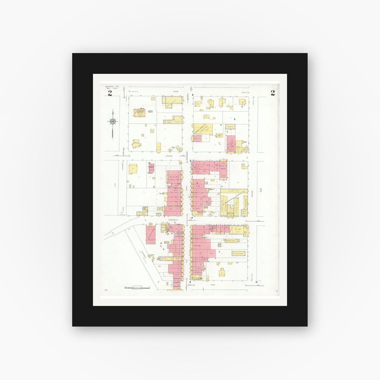 Old map wall art mockup — black gallery frame with white mat — Sanborn Fire Insurance Map from Bastrop, Bastrop County, Texas (1934), Sheet #0002