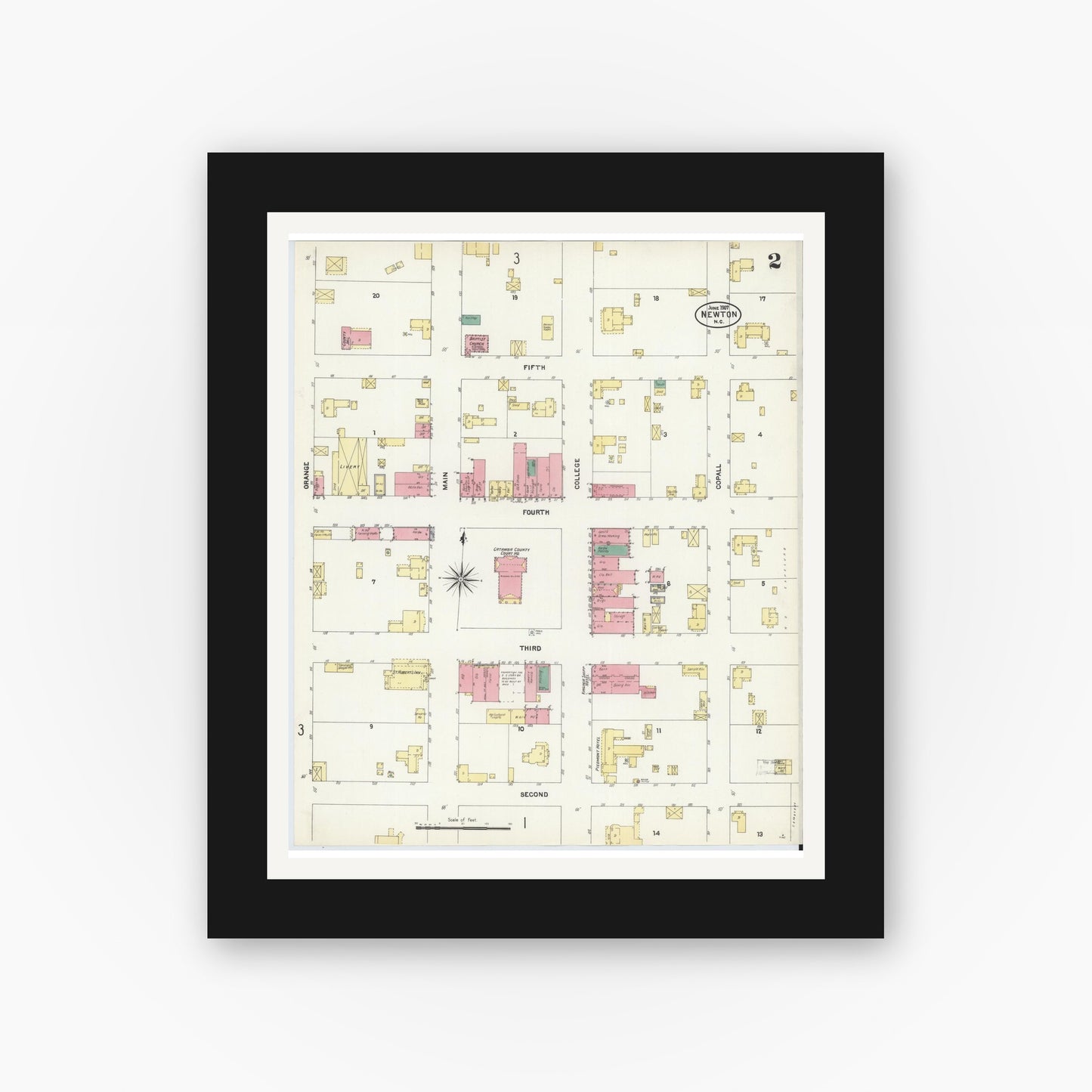 Old map wall art mockup — black gallery frame with white mat — Sanborn Fire Insurance Map from Newton, Catawba County, North Carolina (1907), Sheet #0002