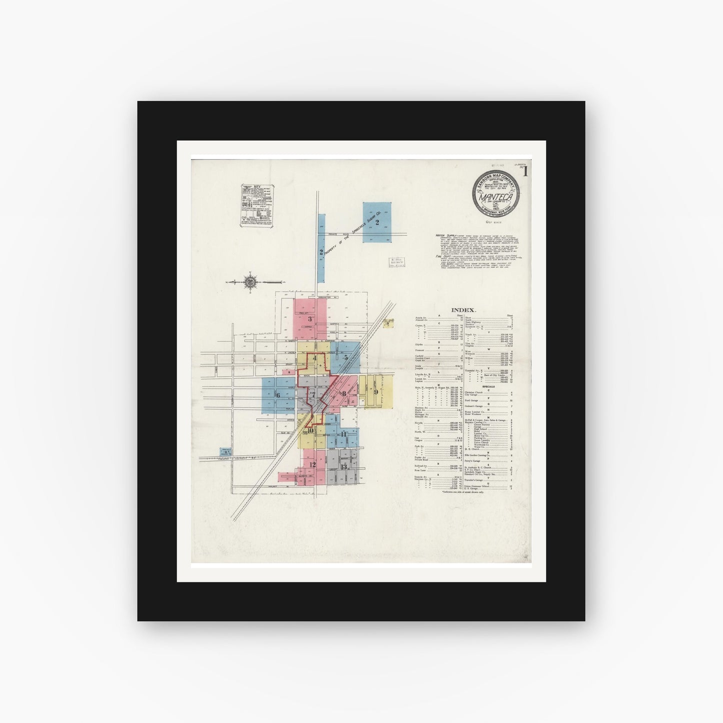 Old map wall art mockup — black gallery frame with white mat — Sanborn Fire Insurance Map from Manteca, San Joaquin County, California (1921) - Complete Map Set