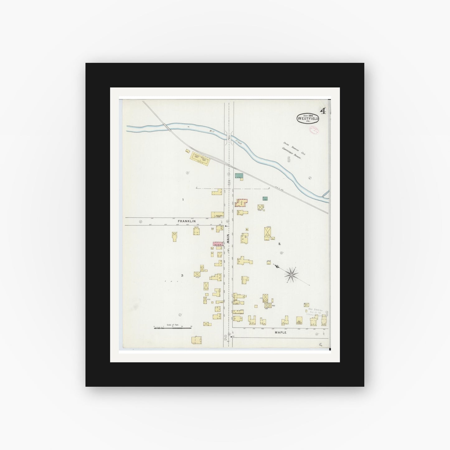 Old map wall art mockup — black gallery frame with white mat — Sanborn Fire Insurance Map from Westfield, Tioga County, Pennsylvania (1894), Sheet #0004
