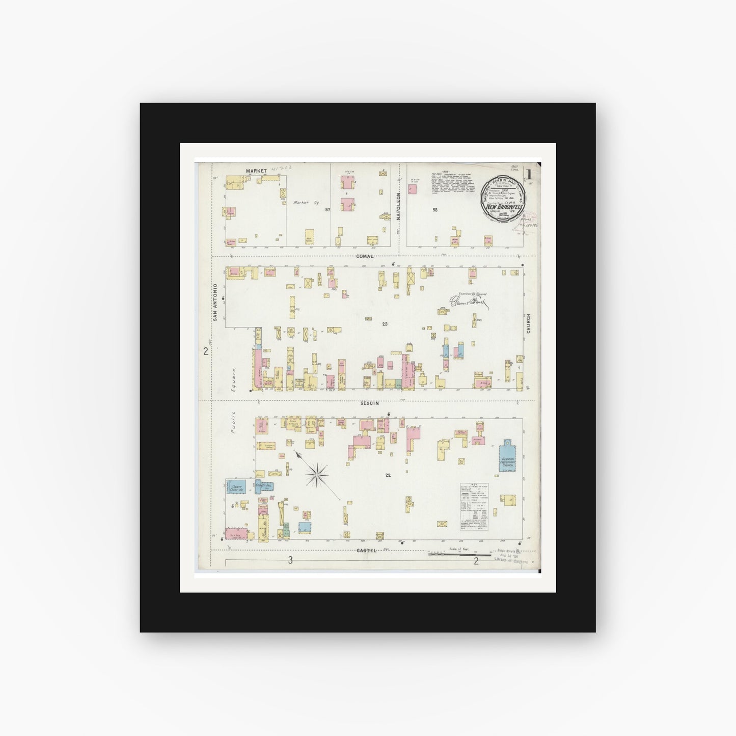 Old map wall art mockup — black gallery frame with white mat — Sanborn Fire Insurance Map from New Braunfels, Comal County, Texas (1896), Sheet #0001
