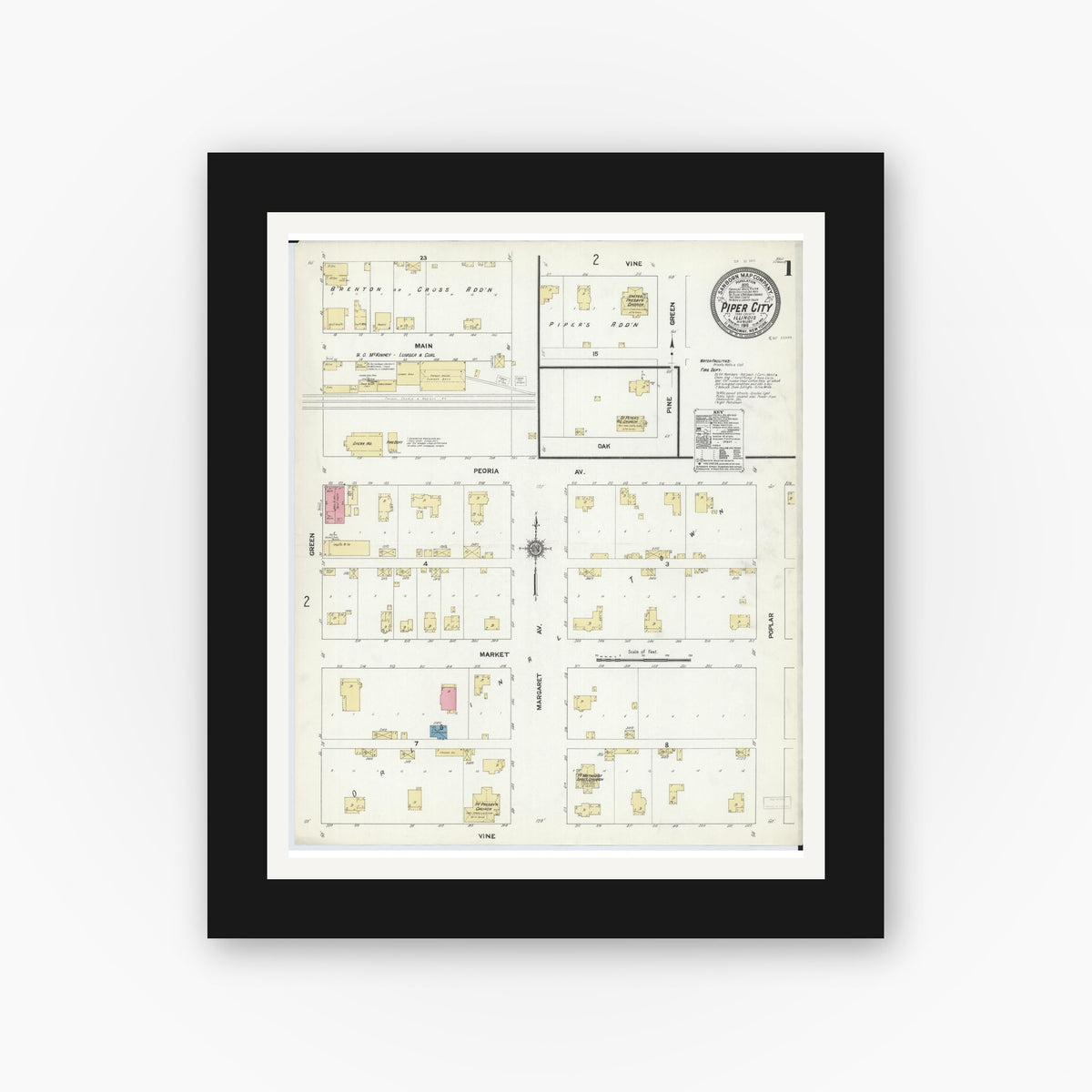 Old map wall art mockup — black gallery frame with white mat — Sanborn Fire Insurance Map from Piper City, Ford County, Illinois (1911) - Complete Map Set