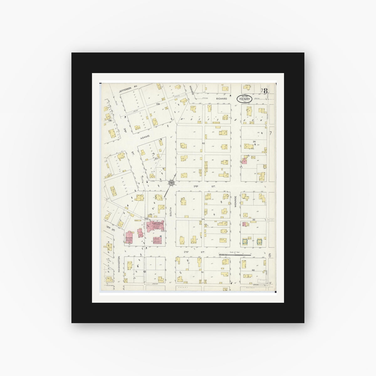 Old map wall art mockup — black gallery frame with white mat — Sanborn Fire Insurance Map from Henry, Marshall County, Illinois (1913), Sheet #0008