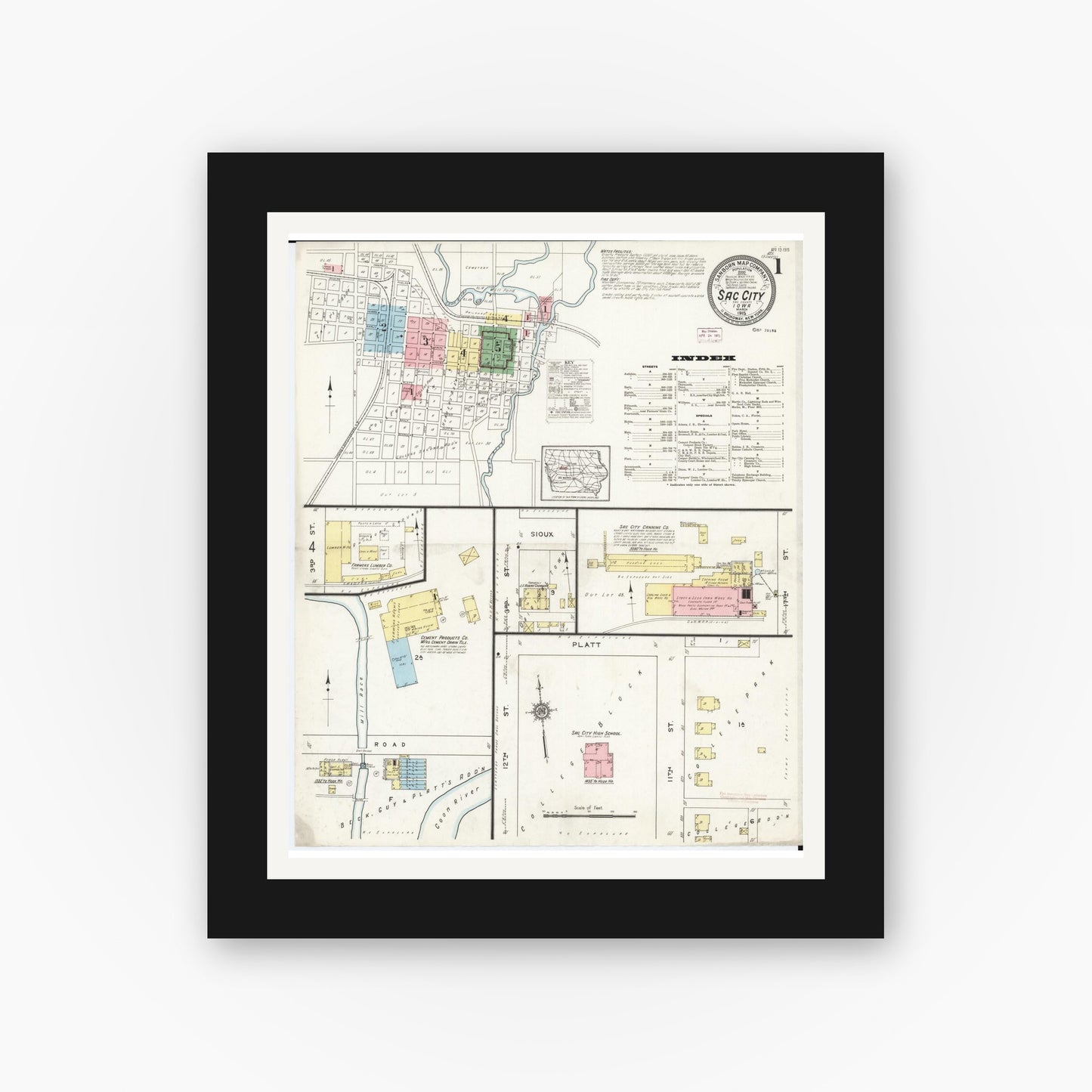 Old map wall art mockup β black gallery frame with white mat β Sanborn Fire Insurance Map from Sac City, Sac County, Iowa (1915), Sheet #0001