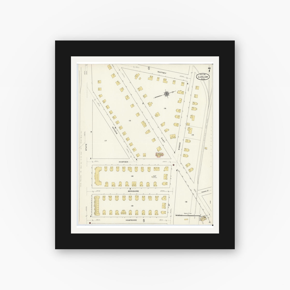 Old map wall art mockup — black gallery frame with white mat — Sanborn Fire Insurance Map from Ludlow, Hampden County, Massachusetts (1911), Sheet #0007