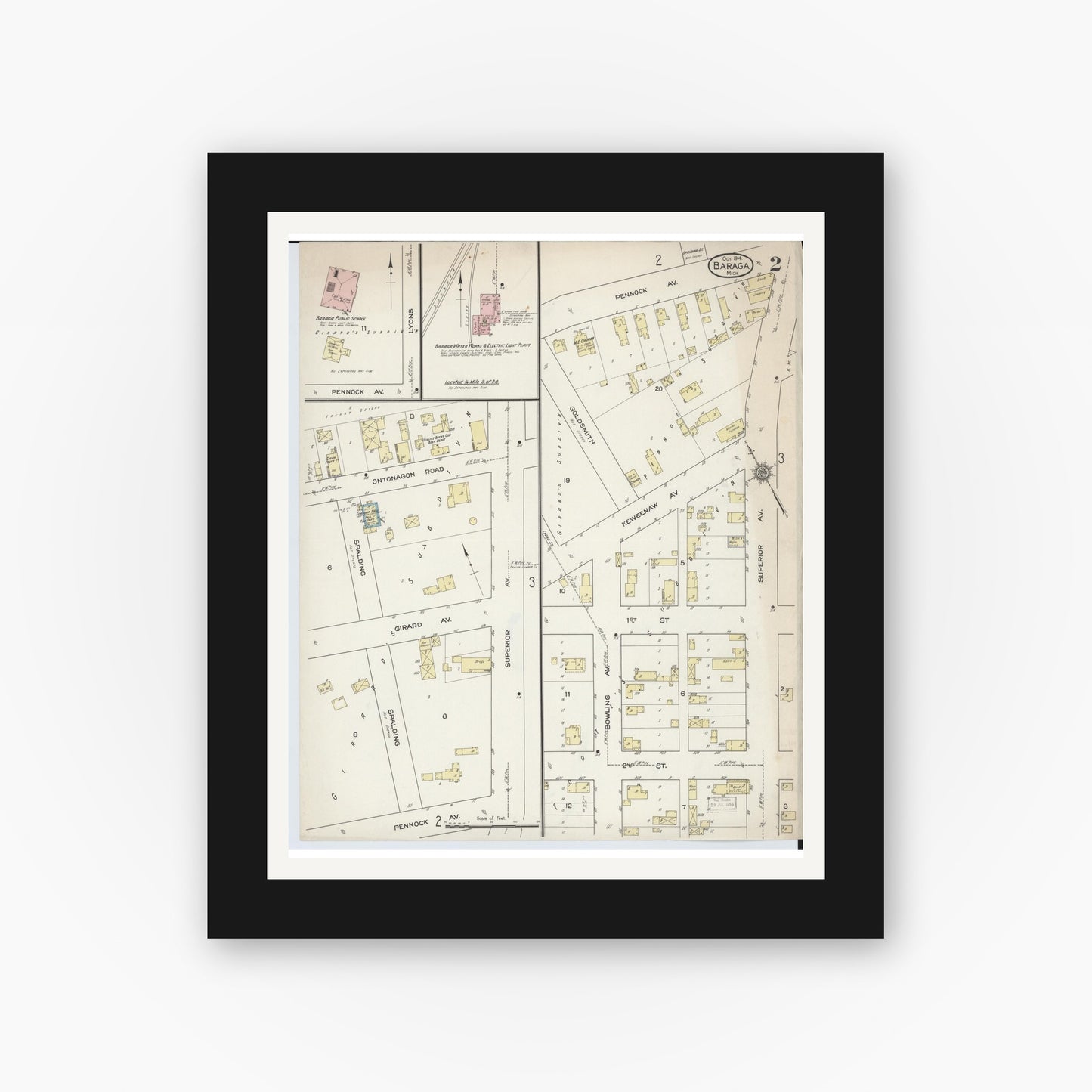 Old map wall art mockup — black gallery frame with white mat — Sanborn Fire Insurance Map from Baraga, Baraga County, Michigan (1914), Sheet #0002