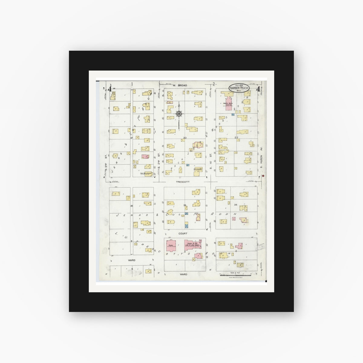 Old map wall art mockup — black gallery frame with white mat — Sanborn Fire Insurance Map from Harbor Beach, Huron County, Michigan (1924), Sheet #0004