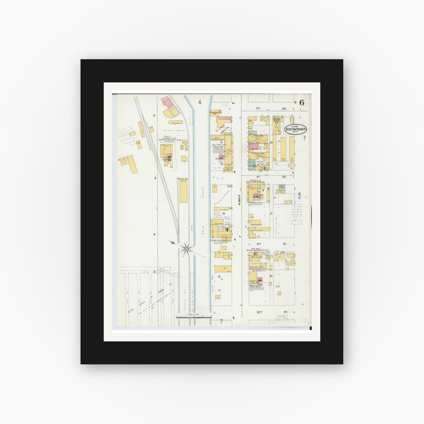 Old map wall art mockup — black gallery frame with white mat — Sanborn Fire Insurance Map from Benton Harbor, Berrien County, Michigan (1900), Sheet #0006