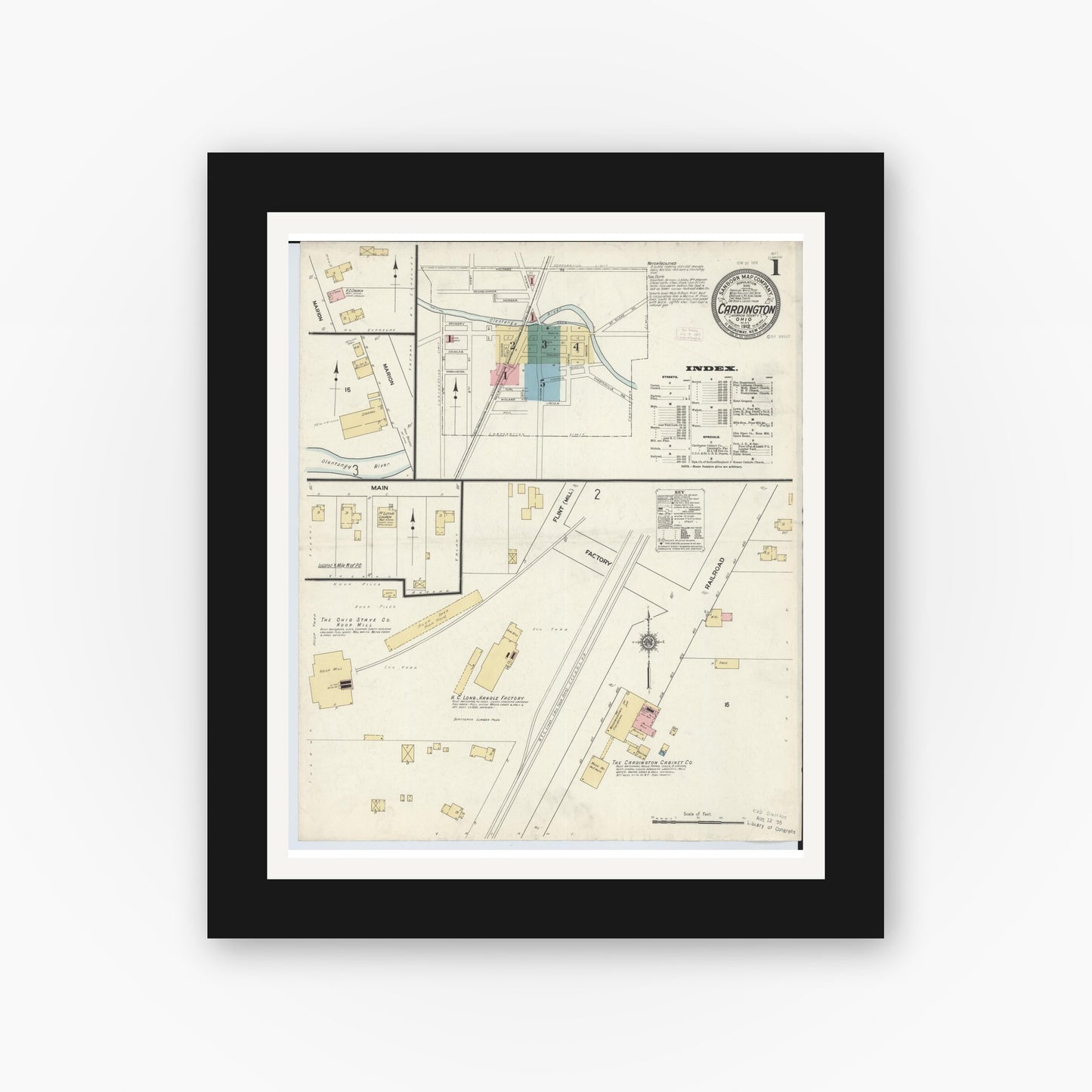 Old map wall art mockup — black gallery frame with white mat — Sanborn Fire Insurance Map from Cardington, Morrow County, Ohio (1912) - Complete Map Set