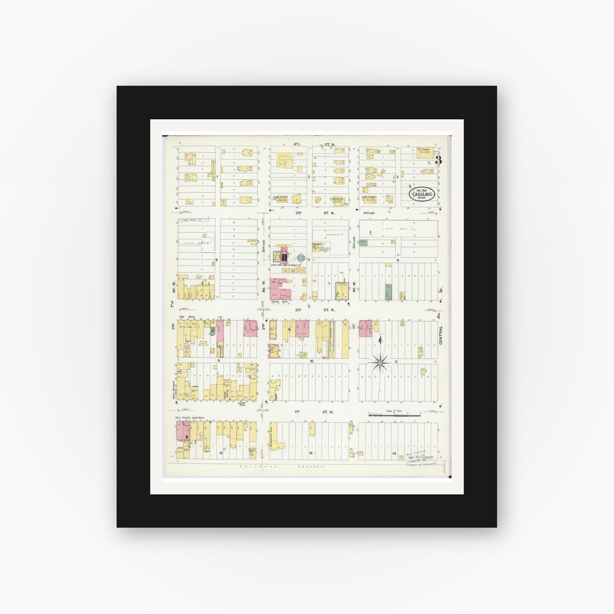 Old map wall art mockup — black gallery frame with white mat — Sanborn Fire Insurance Map from Cass Lake, Cass County, Minnesota (1908), Sheet #0003