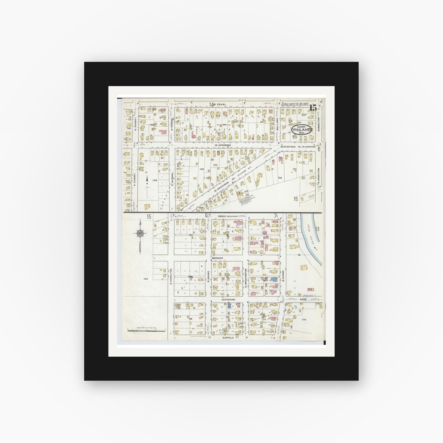 Old map wall art mockup — black gallery frame with white mat — Sanborn Fire Insurance Map from Ypsilanti, Washtenaw County, Michigan (1916), Sheet #0015