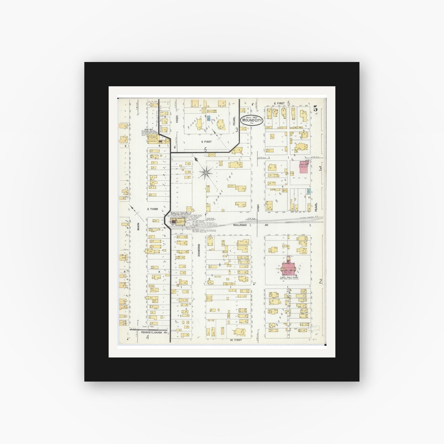 Old map wall art mockup — black gallery frame with white mat — Sanborn Fire Insurance Map from Mound City, Pulaski County, Illinois (1907), Sheet #0005