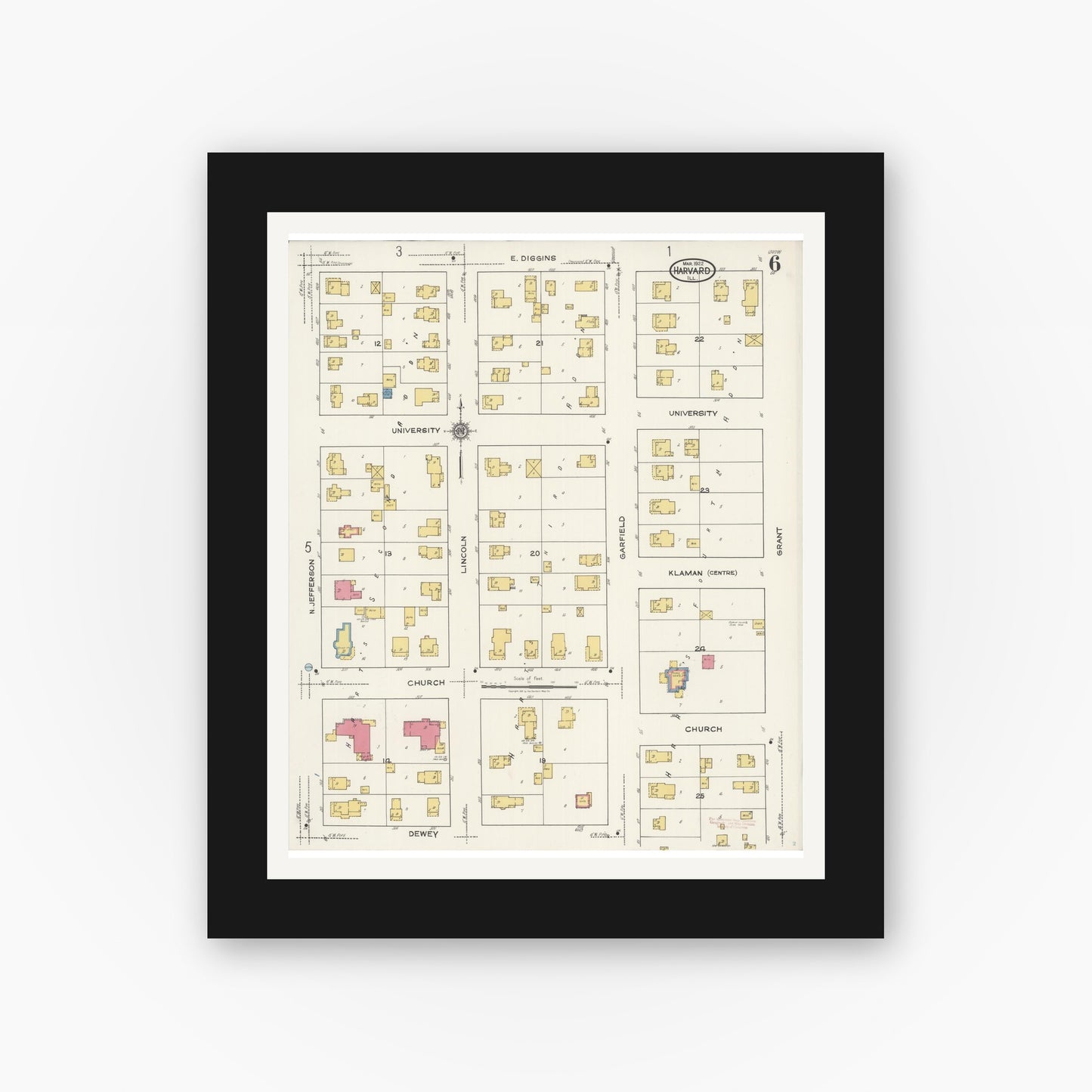 Old map wall art mockup — black gallery frame with white mat — Sanborn Fire Insurance Map from Harvard, McHenry County, Illinois (1922), Sheet #0006