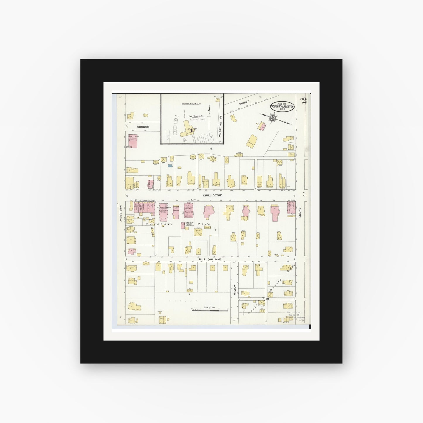 Old map wall art mockup — black gallery frame with white mat — Sanborn Fire Insurance Map from South Charleston, Clark County, Ohio (1910), Sheet #0002