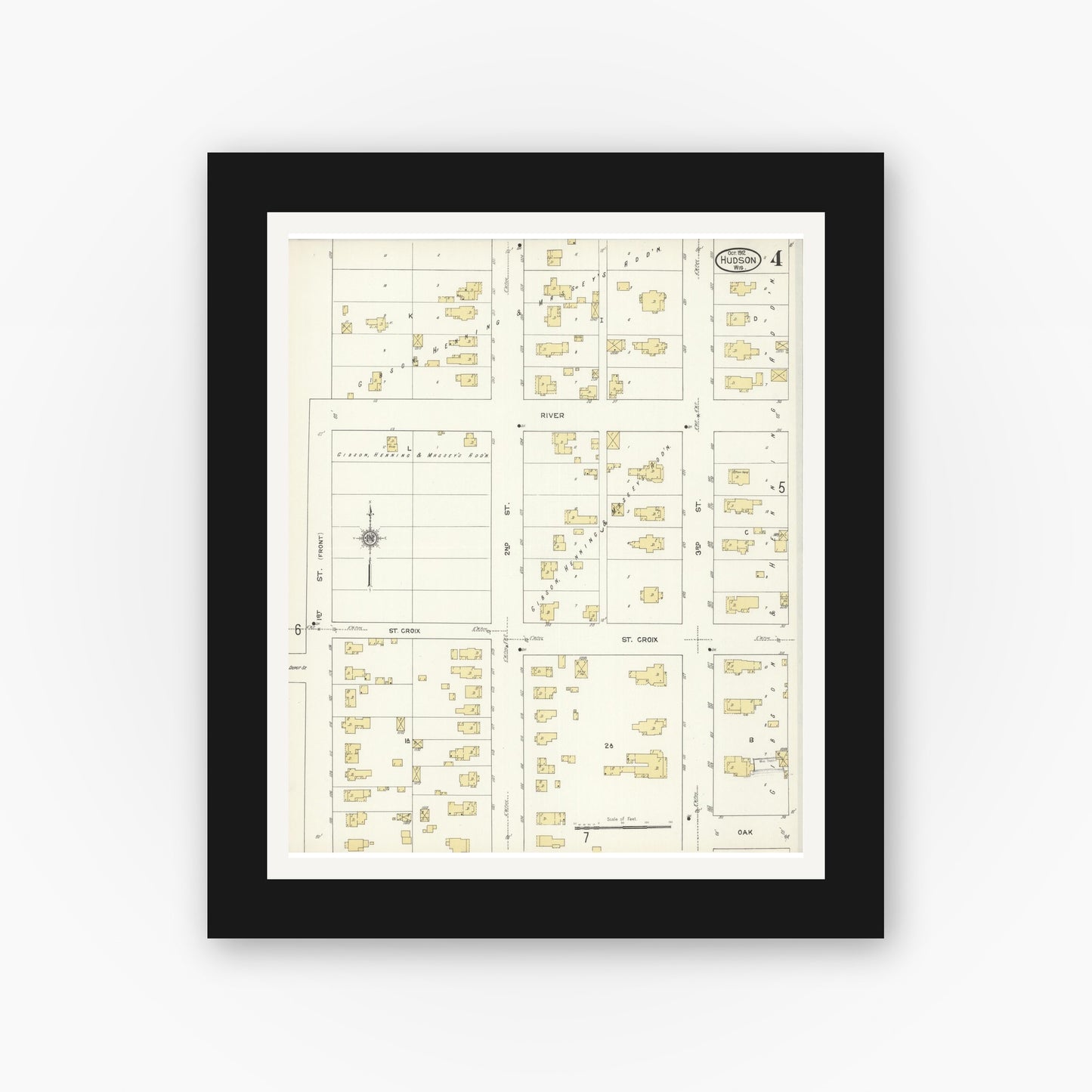 Old map wall art mockup — black gallery frame with white mat — Sanborn Fire Insurance Map from Hudson, St. Croix County, Wisconsin (1912), Sheet #0004