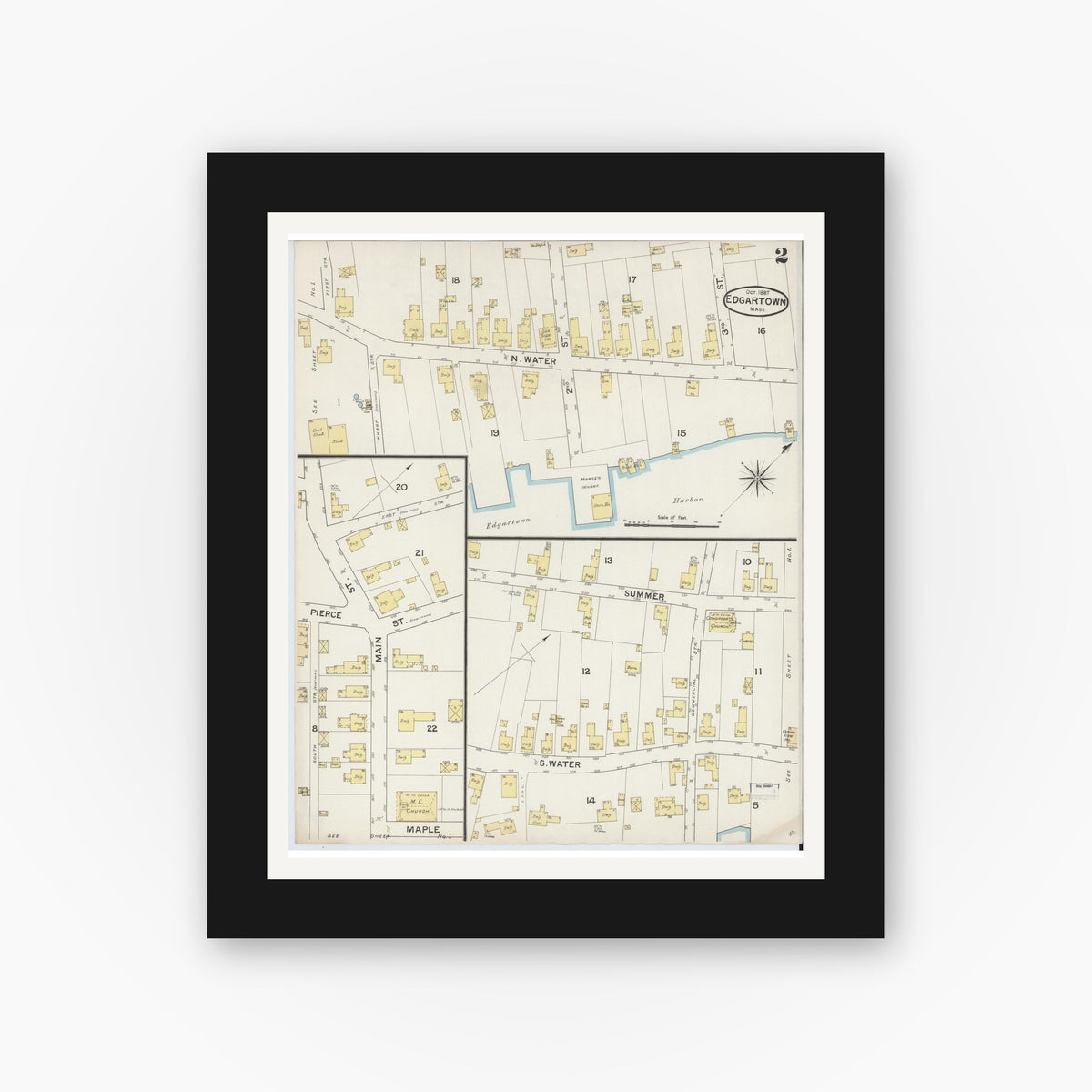 Old map wall art mockup — black gallery frame with white mat — Sanborn Fire Insurance Map from Edgartown, Dukes County, Massachusetts (1887), Sheet #0002