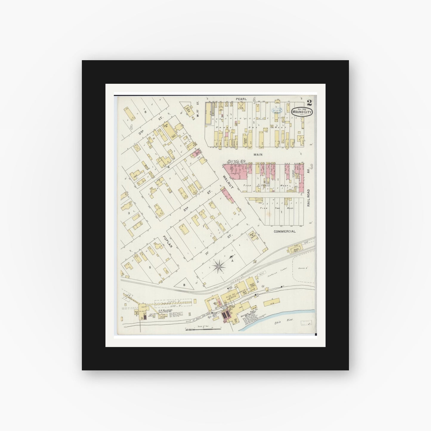 Old map wall art mockup — black gallery frame with white mat — Sanborn Fire Insurance Map from Mound City, Pulaski County, Illinois (1894), Sheet #0002