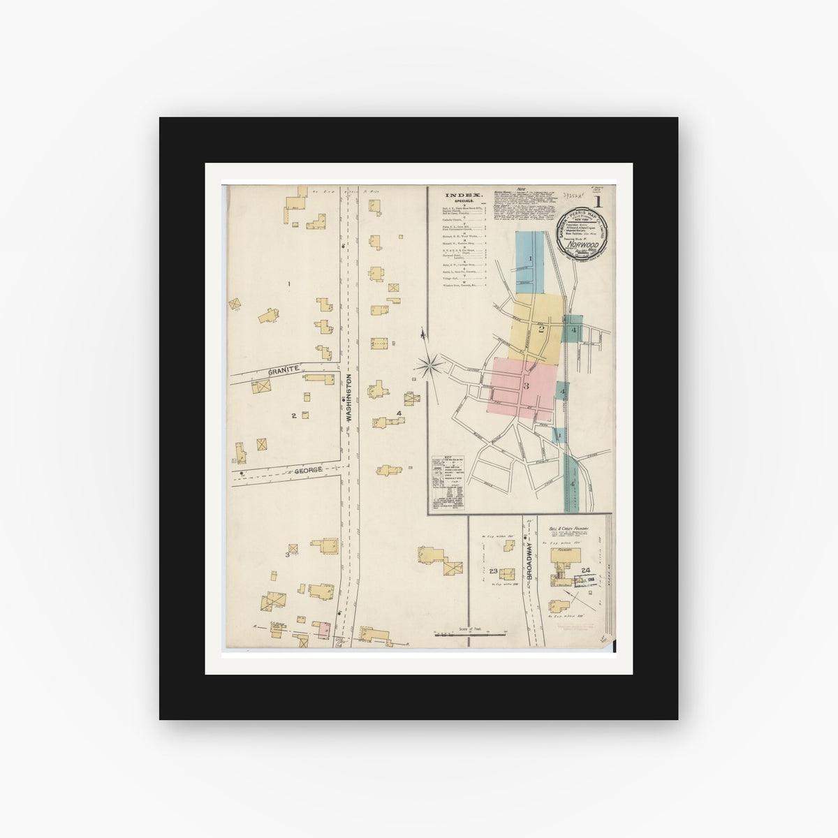 Old map wall art mockup — black gallery frame with white mat — Sanborn Fire Insurance Map from Norwood, Norfolk County, Massachusetts (1892) - Complete Map Set