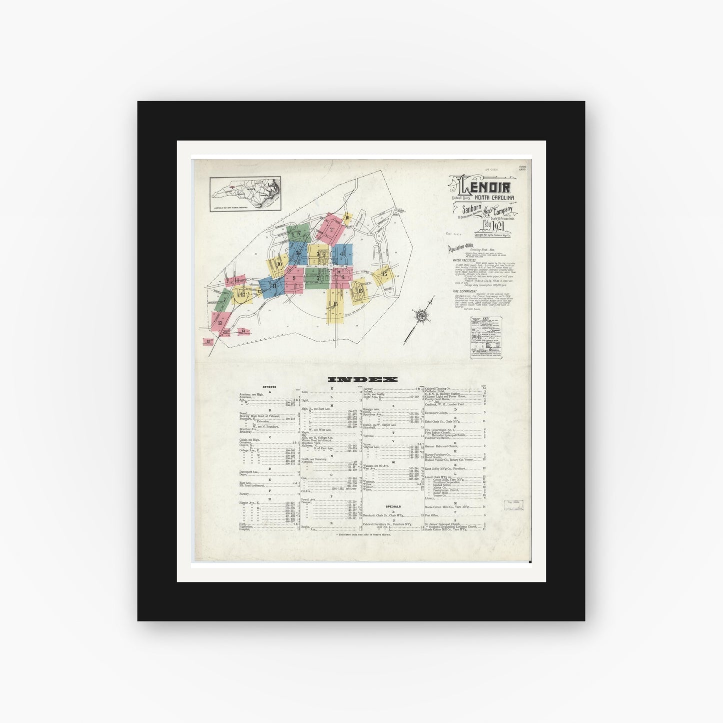Old map wall art mockup — black gallery frame with white mat — Sanborn Fire Insurance Map from Lenoir, Caldwell County, North Carolina (1921), Sheet #0001