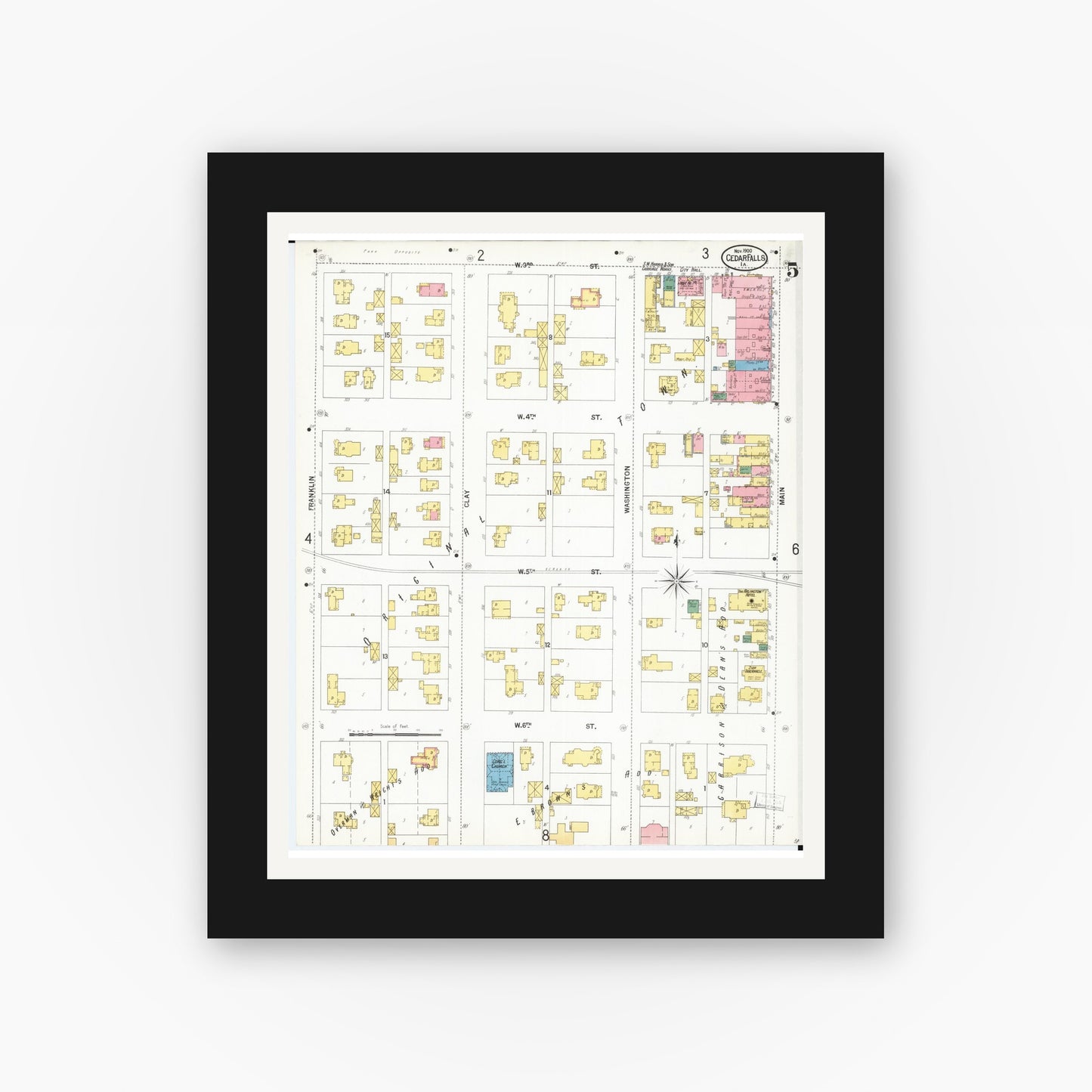 Old map wall art mockup β black gallery frame with white mat β Sanborn Fire Insurance Map from Cedar Falls, Black Hawk County, Iowa (1900), Sheet #0005